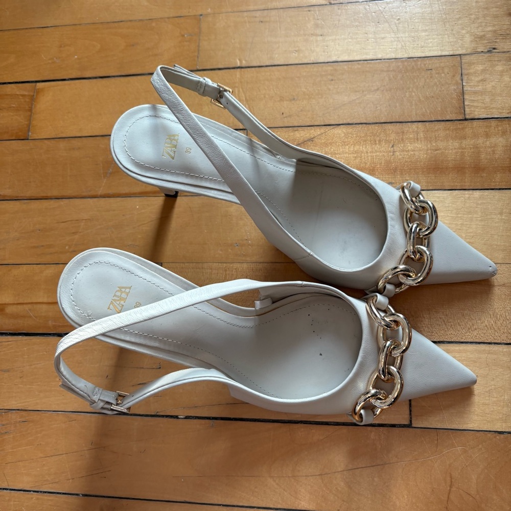 Zara Sz 8.5 (39) Cream Gold Chain Pointy Toes Leather High Heels Pump - Picture 4 of 12
